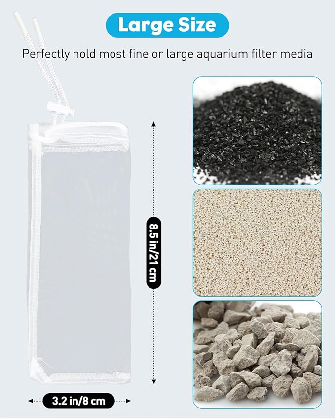 Pawfly 8 Pack Aquarium Filter Media Bags with Drawstring 150 Micron Aquarium Mesh Bag for Fine Resins, Activated Carbon, Bio Filter Balls, Ceramic Rings (8.5" x 3.2")