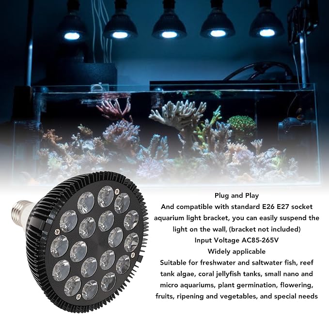 LED Aquarium Lights Bulb, 18W Saltwater Aquarium Light, Aquarium Plant Lights Fish Tank Bulb with 6 Band Full Spectrum, Fish Tank Light for Fresh Water Light Multi Color,