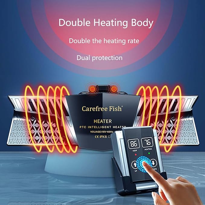 Carefree Fish Aquarium 300W 2IN1 PTC Ceramic Heater PID Control Digital Dual Independent Chip Control The Safest Most Accurate and Fastest Heater for Freshwater and Saltwater Tank (No Cooking Fish)
