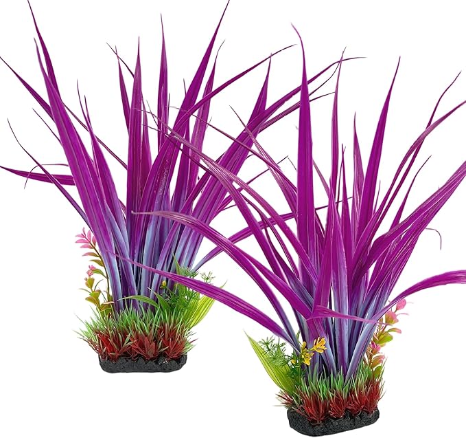 Aquarium Plants Plastic, 2-Pack 15.35" Tall Artificial Fish Tank Plants, Aquarium Fishbowl Decorations Ornament Safe for All Fish, Deep Lavender Tone