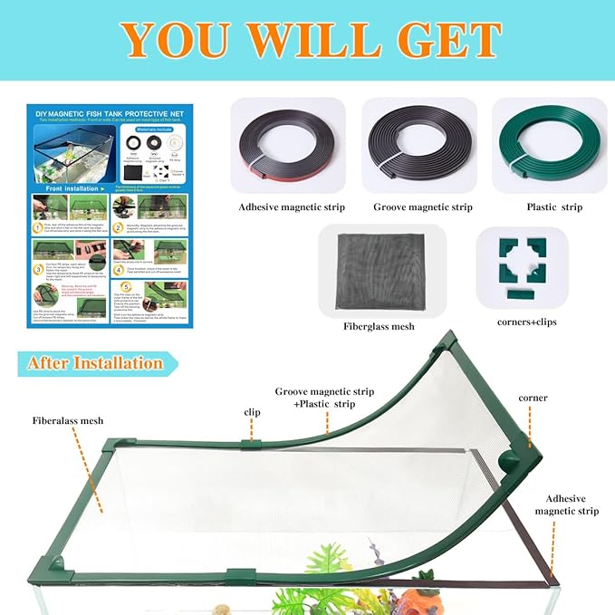 Magnetic Fish Tank Cover Green Frame Grey Fiberglass Mesh, DIY Fish Tank Lid Aquarium Lid for Preventing Fish from Jumping Out and Reptile Escaping Adjustable Size Fit Tank Size Max 35''X19''