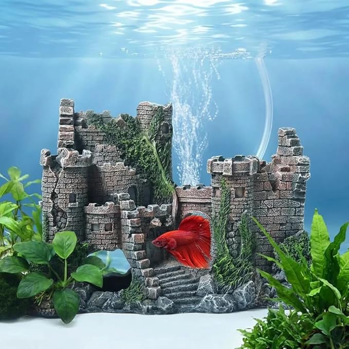 Aquarium Resin Castle Decoration, Air Bubbler Stone Cave Hideout House for Betta Fish, Shrimp & Turtles, Fish Tank Ornament Accessories for Breeding, Playing & Resting ，Decorative Bubbling Castle