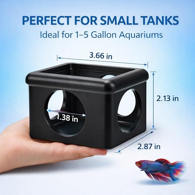 Black Floating Betta Fish Hideout with Round Holes & Window – Floating Cave Hammock, Feeding Platform & Resting Tunnel – Betta Fish Shelter for Nano Tanks, Bowls & Small Aquariums