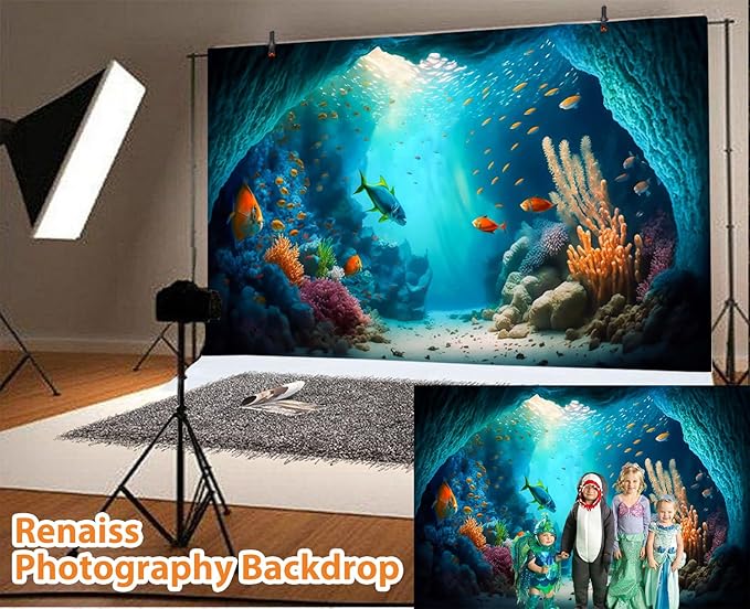 Renaiss 5x4ft Under The Sea Backdrop Fabric Ocean Underwater World Little Mermaid Tropical Fish Aquarium Photo Background Birthday Party Decorations Newborn Baby Shower Party Photo Prop