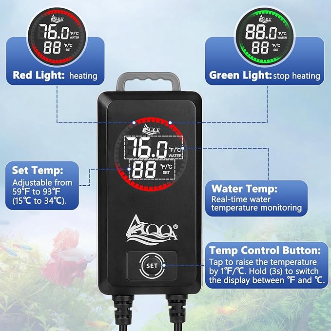 AQQA 1000W Aquarium Heater, Fish Tank Heater with Digital Thermostat, Over-Temperature and Dry-Run Protection, for Over 150 Gallon Freshwater, Saltwater, Turtle Betta Fish Tank Aquarium