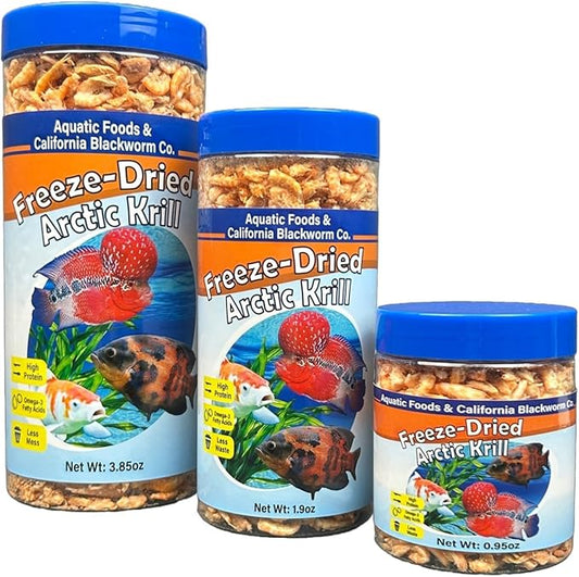 Arctic Krill, Freeze Dried Krill, High in Natural Color Enhancing for Large Cichlids, Tropical Fish, Koi, Turtles, 12-Type Pellet Mix & 4-Type Wafer Mix Included 1.9oz Canister