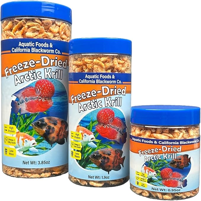 Arctic Krill, Freeze Dried Krill, High in Natural Color Enhancing for Large Cichlids, Tropical Fish, Koi, Turtles, 12-Type Pellet Mix & 4-Type Wafer Mix Included 3.85oz Canister