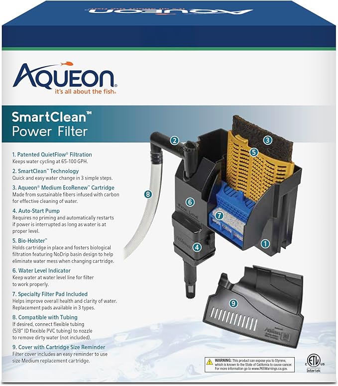 Aqueon SmartClean Power Filter with EcoRenew Filter Cartridge, Quick and Easy Water Changes, Quiet Operation, Adjustable Flow, for 10-20 Gallon Freshwater and Saltwater Aquariums, Medium