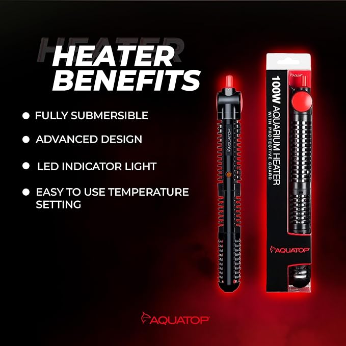 Aquatop 100W Premier Glass Heater with Guard – Submersible for Fish Tanks Up to 25 Gallons – 68-93°F Adjustable Temp – Fresh & Saltwater Use