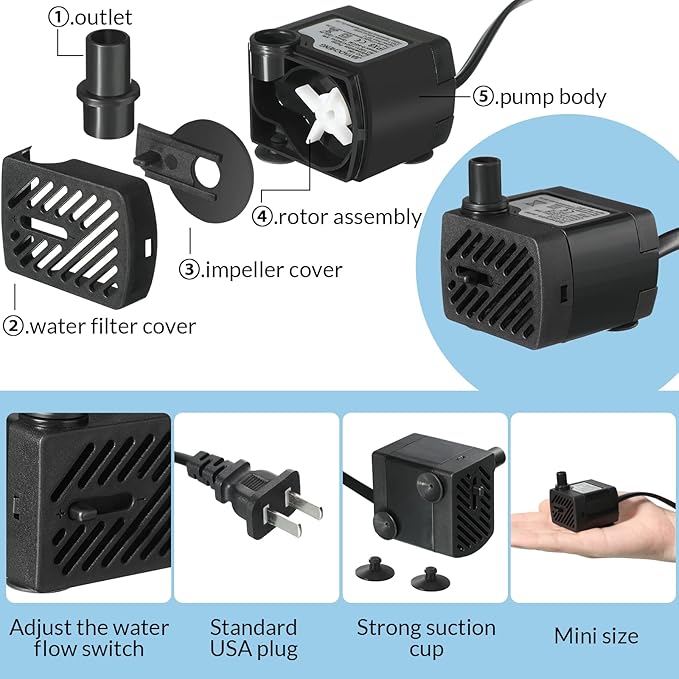 Lounsweer 6 Pcs Small Fountain Pump 50gph Mini Submersible Water Pump with 3.3 ft Tube 3W Quiet Water Fountain Pumps for Fish Tank Hydroponics Fountains Ponds Aquariums
