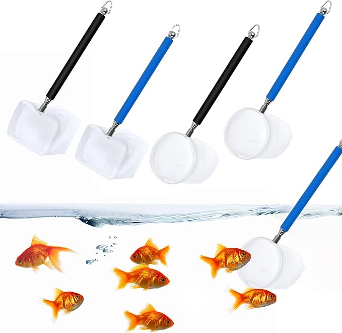 Fish Tank Shrimp Net, 4 Pcs Telescopic Aquarium Net Fish Skimming Net Fish Tank Aquarium Accessories Net Fish Goldfish Net Net with Extendable Stainless Steel Handle, Black Blue
