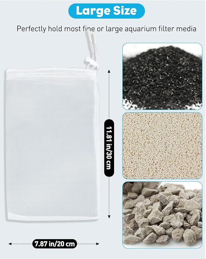 Pawfly 8 Pack 150 Micron Aquarium Filter Media Bags with Drawstring, Fish Tank Extra Fine Mesh Bag (11.8" x 7.8"), Aquarium Mesh Bag for Ceramic Rings, Fine Resins, Bio Filter Balls, Activated Carbon
