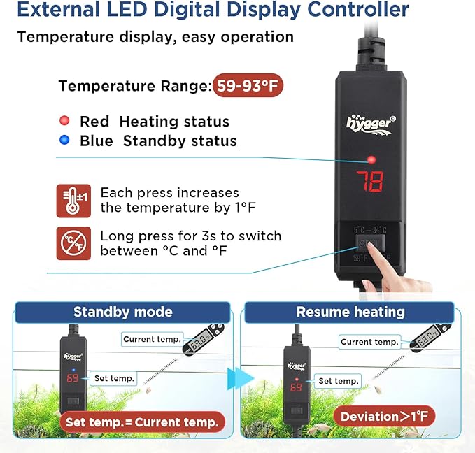 hygger Betta Aquarium Heater,25W/50W/100W/150W Removable Shell Submersible Fish Tank Heater with LED Digital Display,25W Suitable for 1-5 Gallon Freshwater and Saltwater Fish Tank