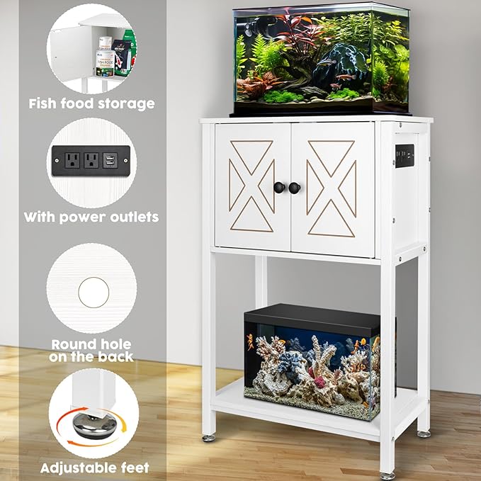 BEURUKU 5-10 Gallon Fish Tank Stand, Heavy Duty Aquarium Stand with Cabinet & Power Outlets for Fish Tank Accessories Storage, Double Reptile Terrarium Stand 20.5" L* 11" W Tabletop, White