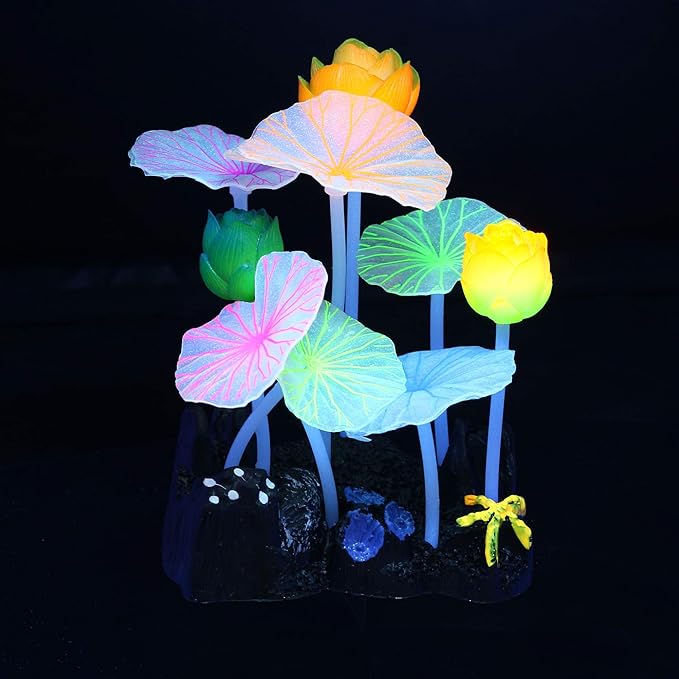 Glowing Fish Tank Decorations Plants, 4 pcs Glow Aquarium Decoration Plants Kit Glowing Coral Plant Ornaments Lotus Kelp and Anemone