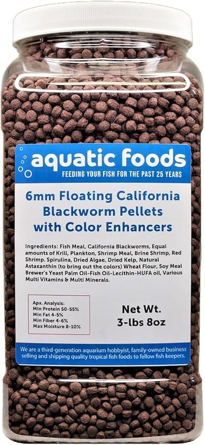 6 mm Floating Blackworm Pellets with Color Enhancers & Vitamins. Great for All Tropical Fish, Marine Fish, Cichlids, Carnivores, Discus, Coldwater Fish, Koi & Pond Fish…3-lb 8oz Lg Jar