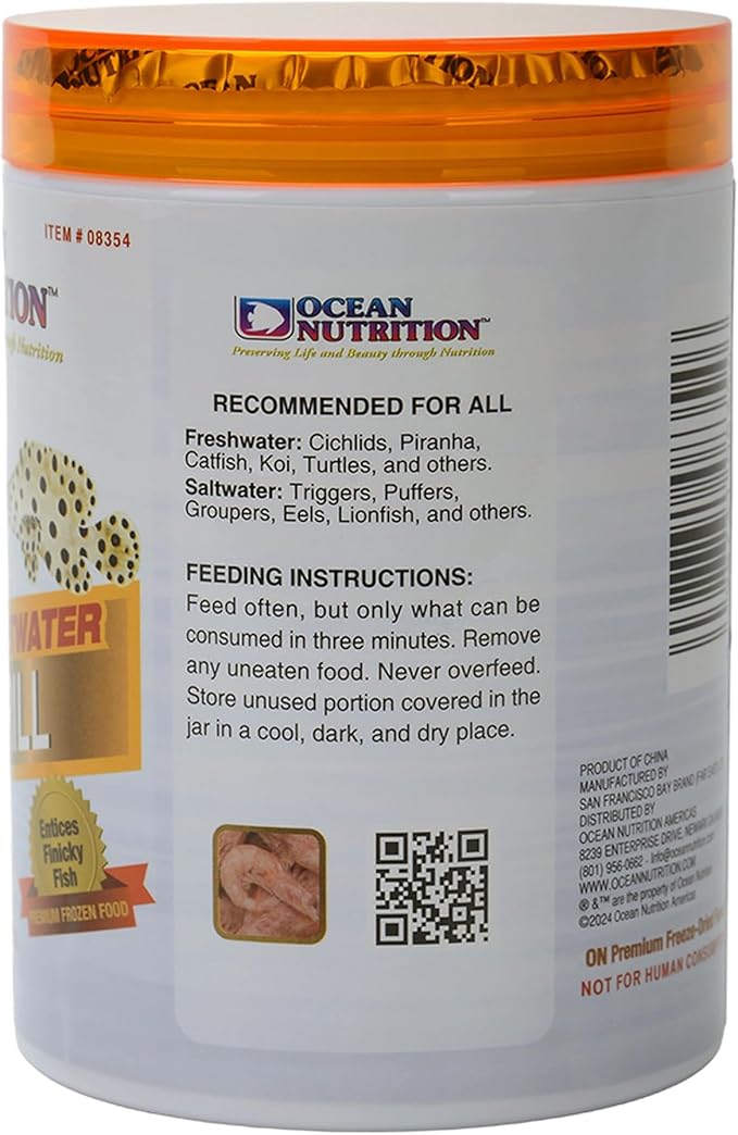 Ocean Nutrition Premium Freeze-Dried Krill Fish Food - Natural Shrimp Food for Freshwater Cichlids, Piranha, Catfish, Koi & Saltwater Triggers, Puffers, Groupers