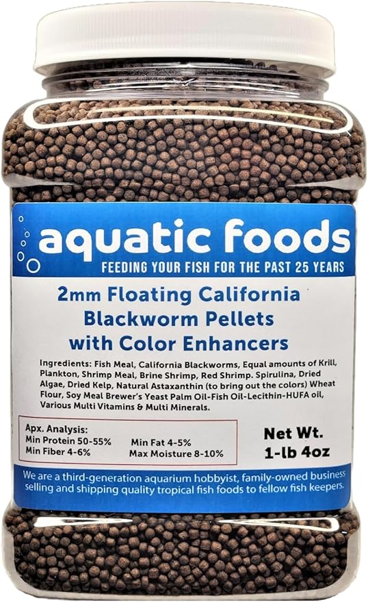 2 mm Floating Blackworm Pellets with Color Enhancers & Vitamins. Great for All Tropical Fish, Marine Fish, Cichlids, Carnivores, Discus, Coldwater Fish, Koi & Pond Fish …1-lb 4oz Med Jar