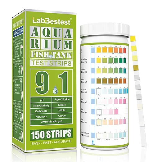 Aquarium Ammonia Test Strips - 150 Fish Tank Testing Strips for Freshwater Saltwater - Pond Water Tester Kit - Rapid Accurate Easy to Test pH, Nitrate, Nitrite, Ammonia and More (9-Way)