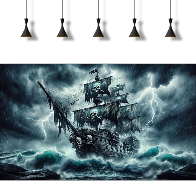 Haunted Black Pearl Pirate Ship Aquarium Background Huge Horrible Waves Lighting Ripped Sales Stormy Sea Ocean Fish Tank Background Broken Ship Skull Sail Terrarium Backgrounds for Tank Decors 48x20in