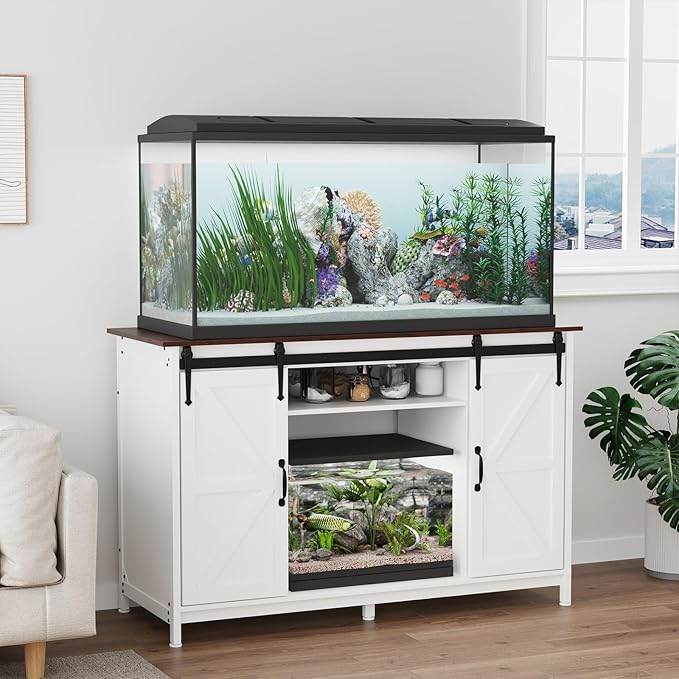 VOWNER Farmhouse 55-75 Gallon Fish Tank Stand with Power Outlet, Aquarium Stand with Storage Cabinet and Sliding Barn Door, Heavy Duty Reptile Tank Stand, for 2 Tanks, 1000LBS Capacity, White + Walnut