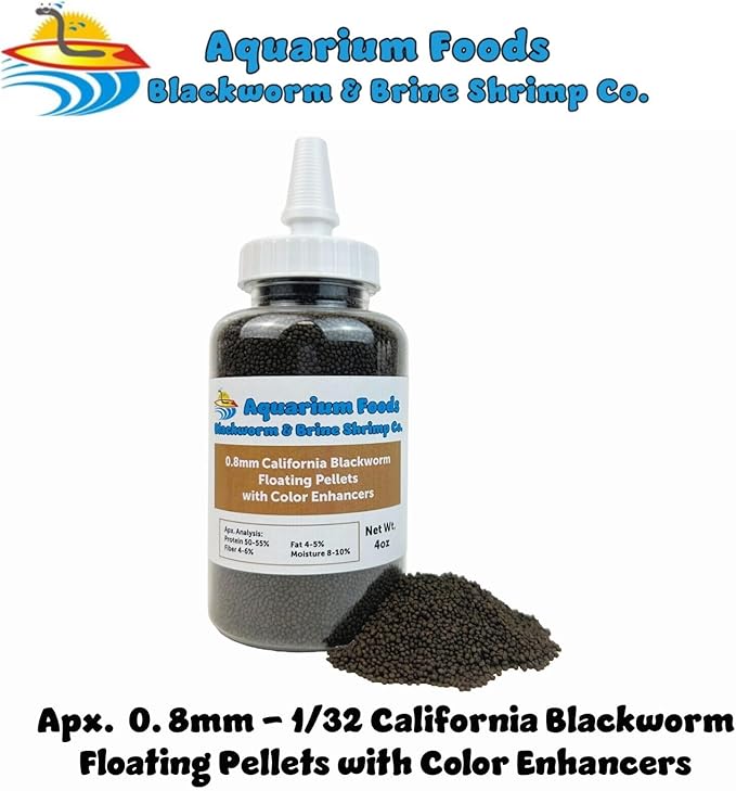 0.8mm Micro California Blackworm Floating Pellets w/Color Enhancers & Vitamins for Guppies, Tetras, Bettas, Nano Fish, All Baby Fish…4oz Squeeze Bottle