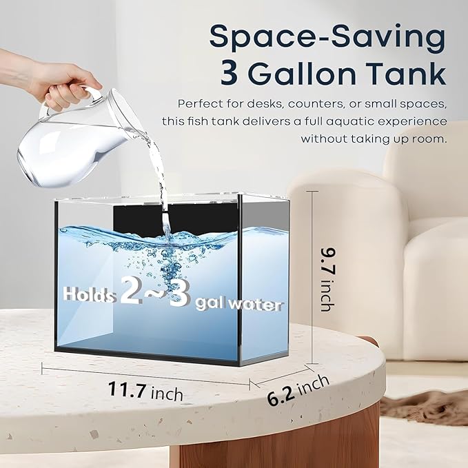 3 Gallon Glass Fish Tank Cube with Open-Back Lid, Small Aquarium Fish Bowl for Betta Goldfish Snails Shrimp Aquatic Planting, Ultra Clear Rimless Design for Desktop Small Spaces