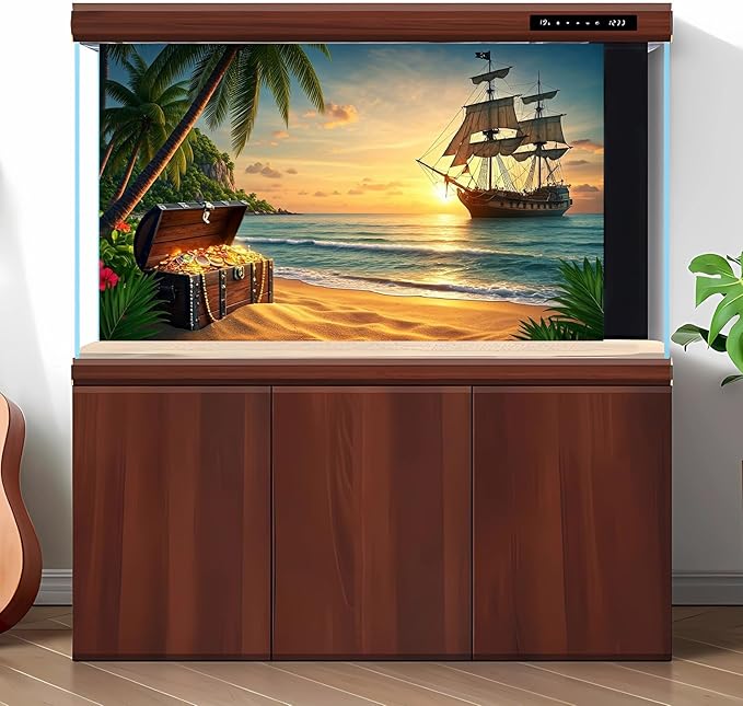 Beach Aquarium Background Pirate Ship Tropic Island Treasure Chest Fish Tank Background Sunset Vintage Pirates Sailing Old Ship Ocean Seascape Terrarium Backgrounds for Tank Backgrounds Decors 48x20in