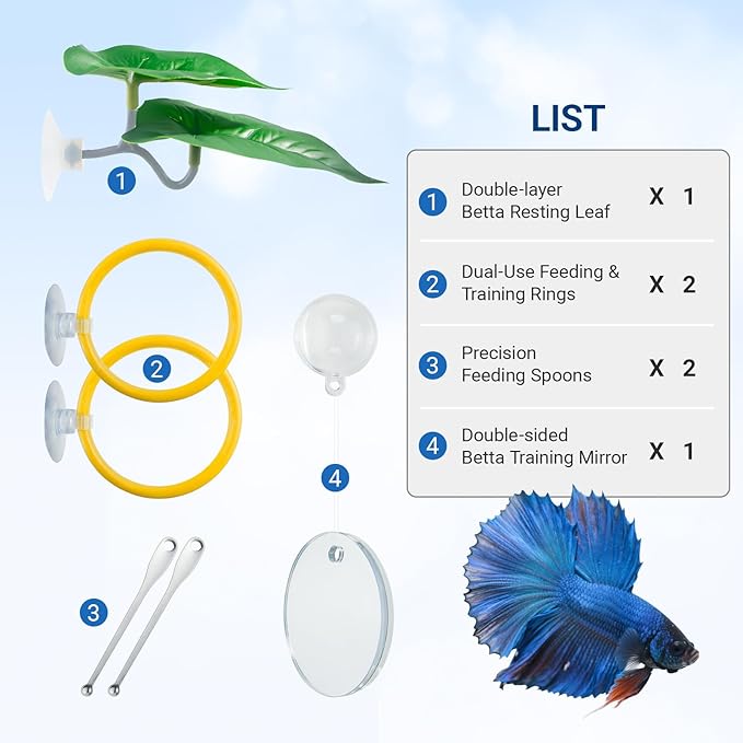 Betta Fish Toy Set: Betta Training Floating Mirror, Training/Feeding Ring, Spoon, and Resting Leaf. Promotes Exercise. Betta Toys, Resting & Feeding Kit.