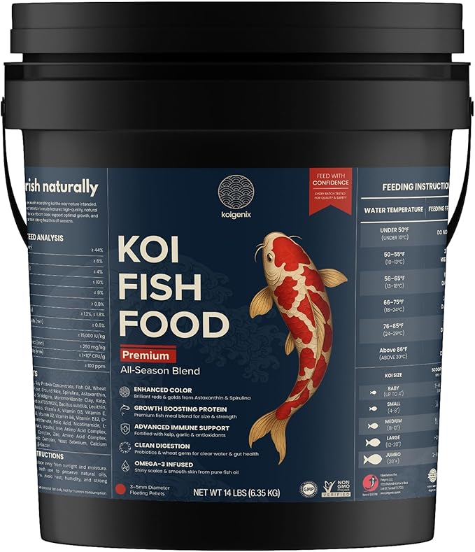 Koi Fish Food (14lb) - Growth & Color Formula, High Protein Floating Pellets with Spirulina, Krill & Probiotics, Easy to Digest, Cleaner Water, All Season - for Koi, Goldfish & Pond Fish