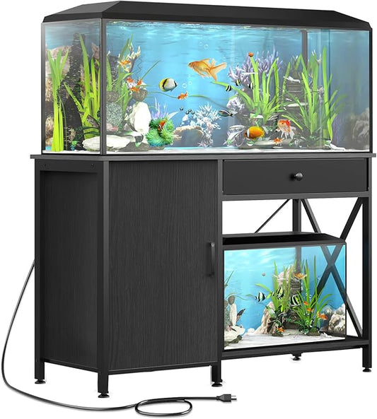Fish Tank Stand for 40-50 Gallon Fish Tank: Aquarium Stand with Power Outlet - Metal 40 Gallon Tank Stand with Cabinet Drawer Storage for Turtle Tank, Reptile Terrarium (Black, 800LBS Capacity)