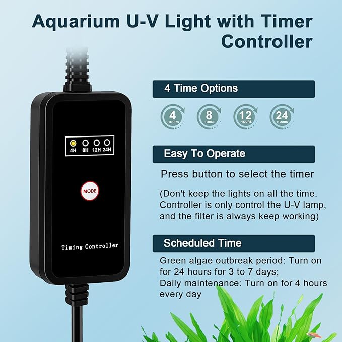 hygger Aquarium U-V Filter with Filter Sponge, U-V Light & Timer, Submersible Pump Filter for Green Water Clean, Internal Filter with Aeration & Rainfall for Fish Tank