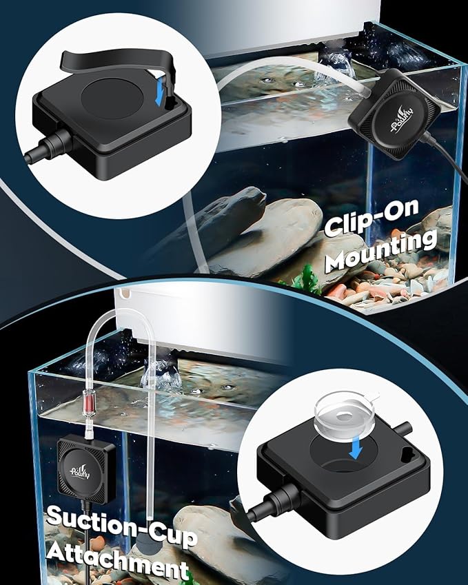 Pawfly Mini Aquarium Air Pump, Ultra Quiet 1.3W Oxygen Aerator for Nano Fish Tanks 1-15 Gallons, Compact Bubbler with Sponge Filter, Airline Tubing and Air Stone