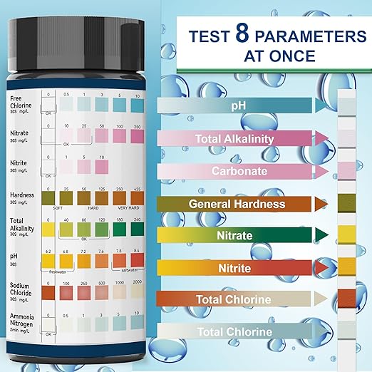 Aquarium Ammonia Test Strips, 8-Way Aquarium Test Kit for Freshwater Saltwater,50 Strips Fish Tank Pond Test Strips,Test Nitrate, Nitrite, Chlorine,Hardness,Alkalinity, Carbonate, Ph