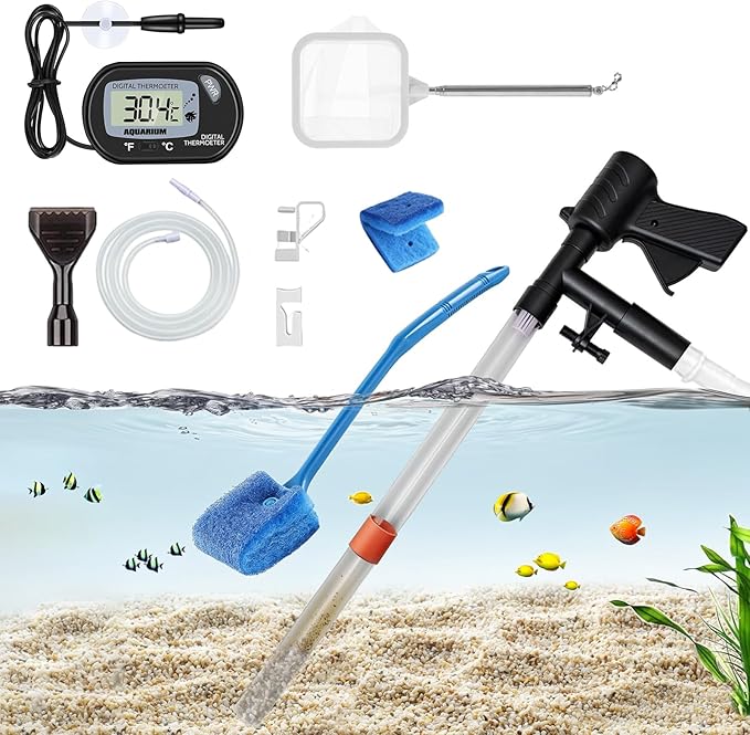 Fish Tank Cleaner Kit with Digital Thermometer, Gravel Vacuum for Aquarium, Aquarium Vacuum & Siphon, Fish Tank Cleaning Kit, Safe for Shrimp & Small Fish