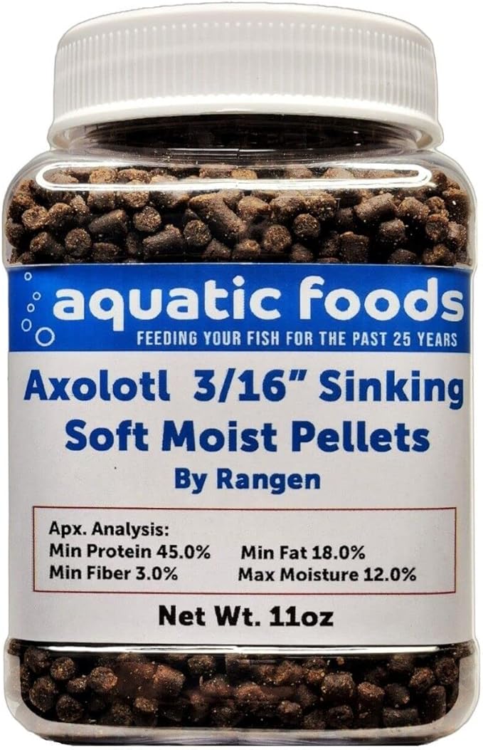 Axolotl Food, 3/16" Soft Moist Sinking Pellets, Rangen's Salmon Meal Pellets for Medium & Adult Axolotl. Also Shrimp, Snails, Crabs, All Tropical Fish...11oz Small Jar