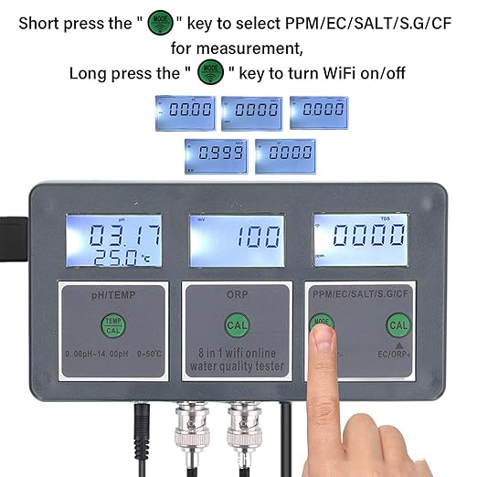 8 in 1 Water Quality Tester, pH EC TDS ORP SG Salt CF Temperature, Real Time Wi Fi Monitoring, Tuya App Compatible, for Aquariums, Hydroponics, Pools, Spas