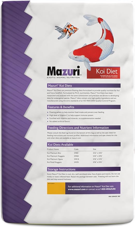 Mazuri Koi | Platinum Bits Nutritionally Complete Koi Fish Food | for Small Koi - 20 Pound (20 lb.) Bag