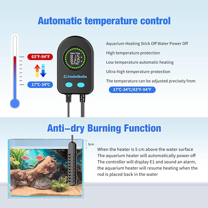 200W Submersible Fish Tank Heater for 20-40 Gallon with Auto Shut-Off When Leaving Water—Aquarium Heater, Dry-Burn & Overheat Protection, Smart LED Display for Freshwater Saltwater Turtle