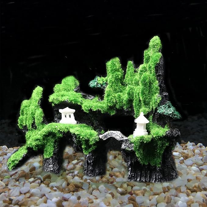 Tfwadmx Fish Tank Mountain View Decoration Aquarium Stone Ornament Bridge with Moss Tree House Cave for Small Betta Shrimp Hide
