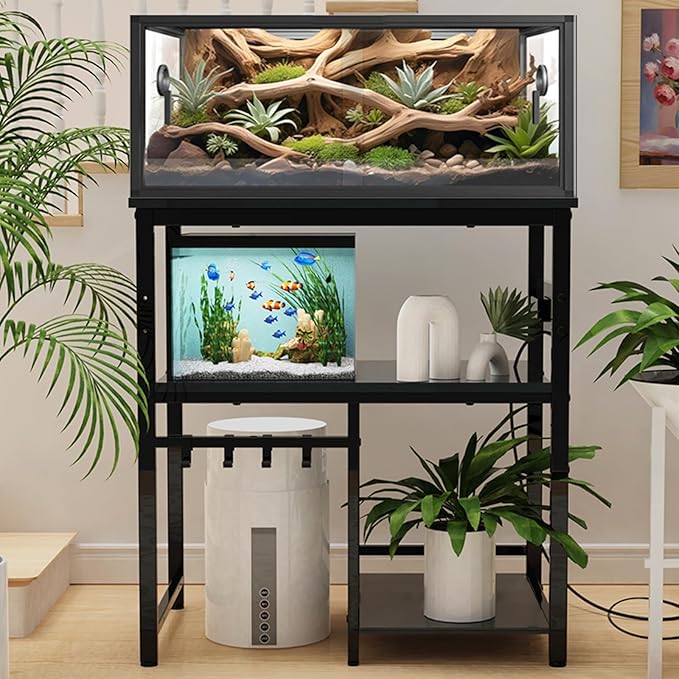 20-29-37 Gallon Fish Tank Stand, 3-Tier Aquarium Stand with Power Outlet Reptile Tank Stand Heavy Duty Terrarium Stand for Home Office, Black