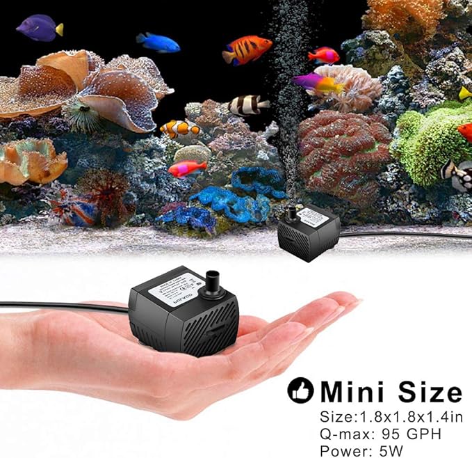 PULACO 95GPH 5W Mini Submersible Water Pump with 3.3 ft Tubing for Aquarium Fish Tank, Pond, Fountain, Hydroponics