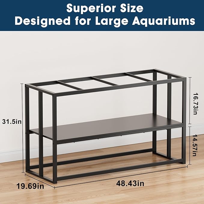 Urban Deco 55-75 Gallon Fish Tank Stand 900LBS Capacity For Aquarium Stand Metal Fish Tank Stand 48.4"x19.7"x31.5" Dual-Layer Design Terrarium Stand Ideal for Home and Office, Black
