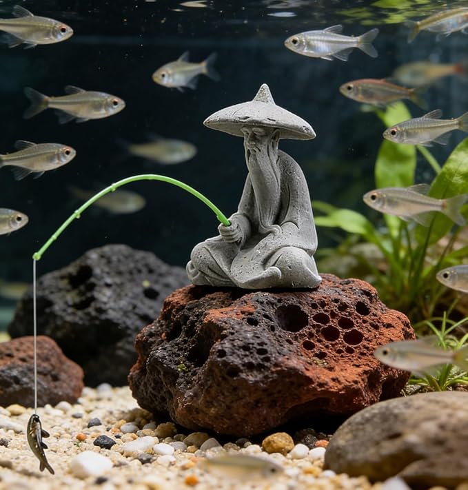 livelyfish Mini Fisherman Statue Asian Zen Decoration Sitting Fishing Figurines Sandstone Vintage Ornament for Aquarium Fish Tank Pot Garden Home Japanese Decor,D