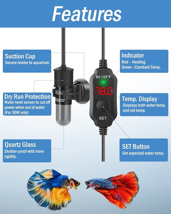 AquaMiracle Mini Aquarium Heater 10W Small Fish Tank Heater for 1-2 Gal Tanks, Digital Display Thermostat Betta Heater with Dry-Run & Overheat Protection, Memory Function