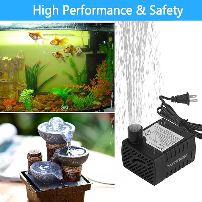 40 GPH Mini Submersible Water Pump (3.2W 150L/H) for Water Feature, Aquariums, Fish Tank, Tabletop Fountain, Pet Fountain, Indoor or Outdoor Pond Fountain