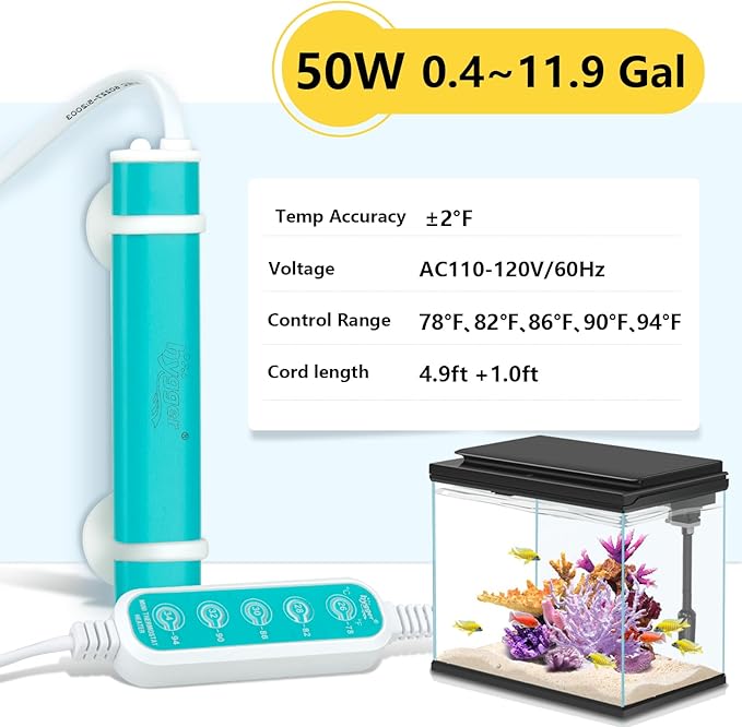 hygger Mini Submersible Aquarium Heater, Turtle and Betta Fish Tank Heater with Five-Key External Controller 78℉、82℉、86℉、90℉、94℉ for Freshwater Small Tank