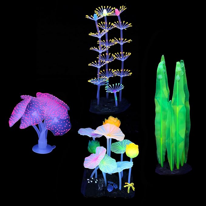 Glowing Fish Tank Decorations Plants, 4 pcs Glow Aquarium Decoration Plants Kit Glowing Coral Plant Ornaments Lotus Kelp and Anemone