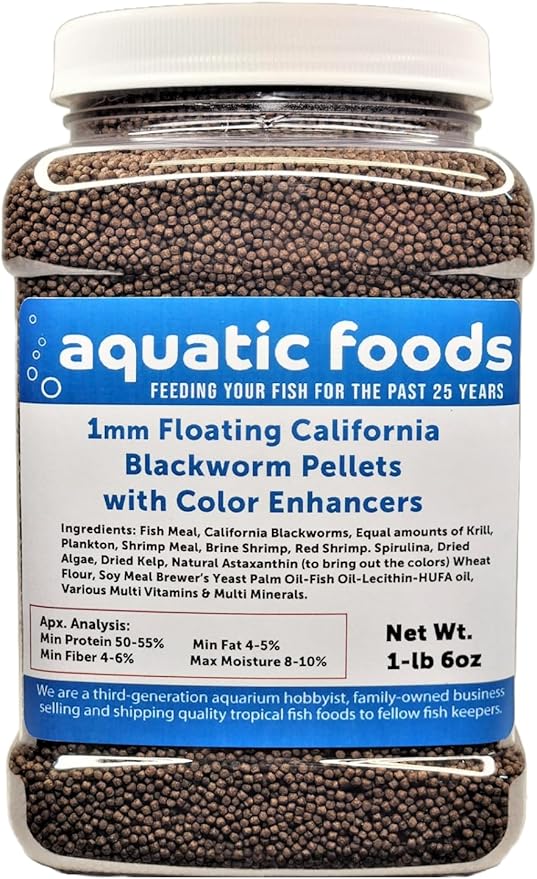 1 mm Floating Blackworm Pellets with Color Enhancers & Vitamins All Tropical Fish, Marine Fish, Cichlids, Carnivores, Discus, Coldwater Fish, Koi, Pond Fish…1-lb 6oz Med Jar