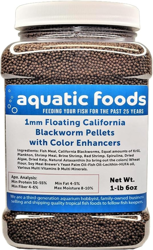 1 mm Floating Blackworm Pellets with Color Enhancers & Vitamins All Tropical Fish, Marine Fish, Cichlids, Carnivores, Discus, Coldwater Fish, Koi, Pond Fish…1-lb 6oz Med Jar